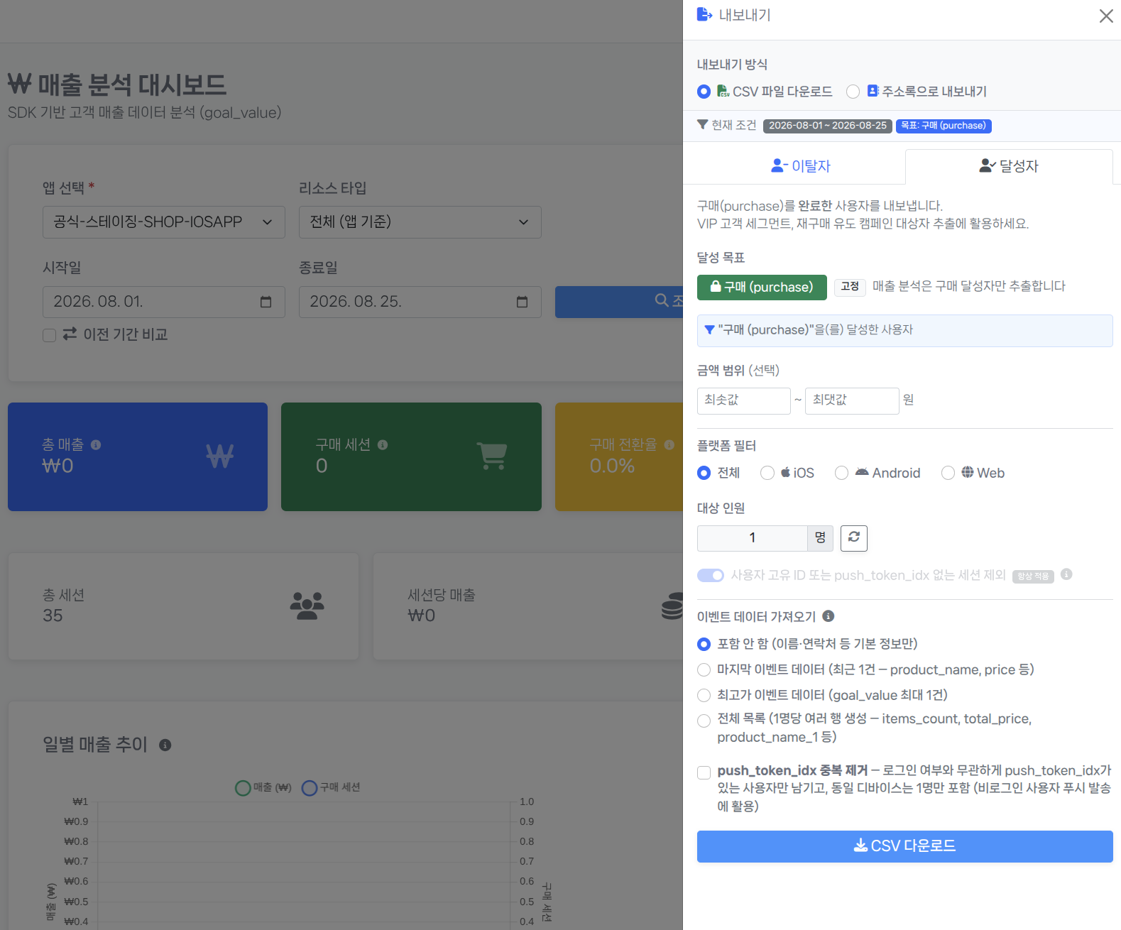 전환 기준 내보내기 패널